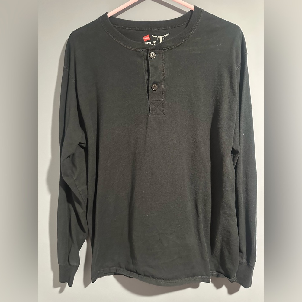 Hanes Long Sleeve Black Henley Shirt Medium